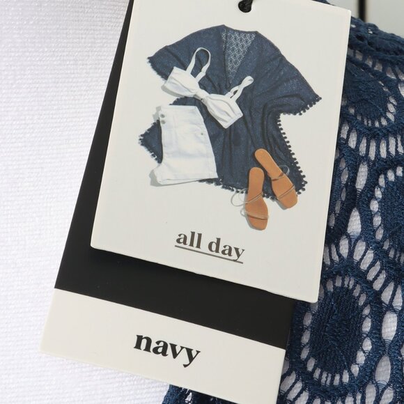 All Threads Cabana Kimono Navy Blue Cover-Up - Pom fringe, Open Tie-Front - Picture 6 of 6